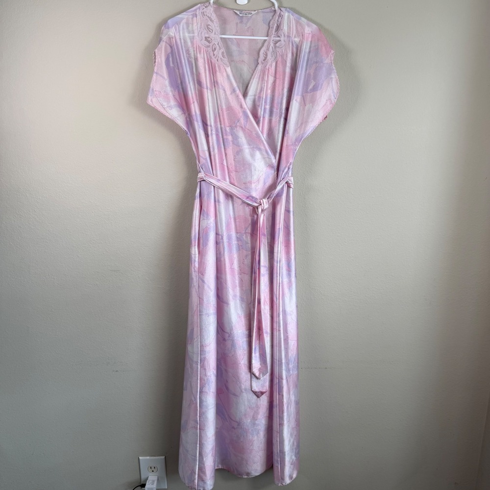 Vintage Pink Purple Pastel Floral Satin Wrap Robe M Flutter Sleeve Retro Glam